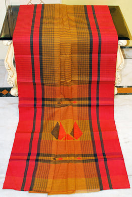 Self Woven Checks and Stripes Matta Bomkai Premium Quality Bengal Handloom Cotton Saree in Ochre, Black and Red