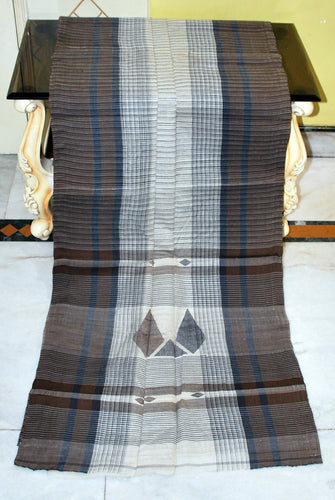 Self Woven Checks and Stripes Matta Bomkai Premium Quality Bengal Handloom Cotton Saree in Off White, Black and Dark Brown