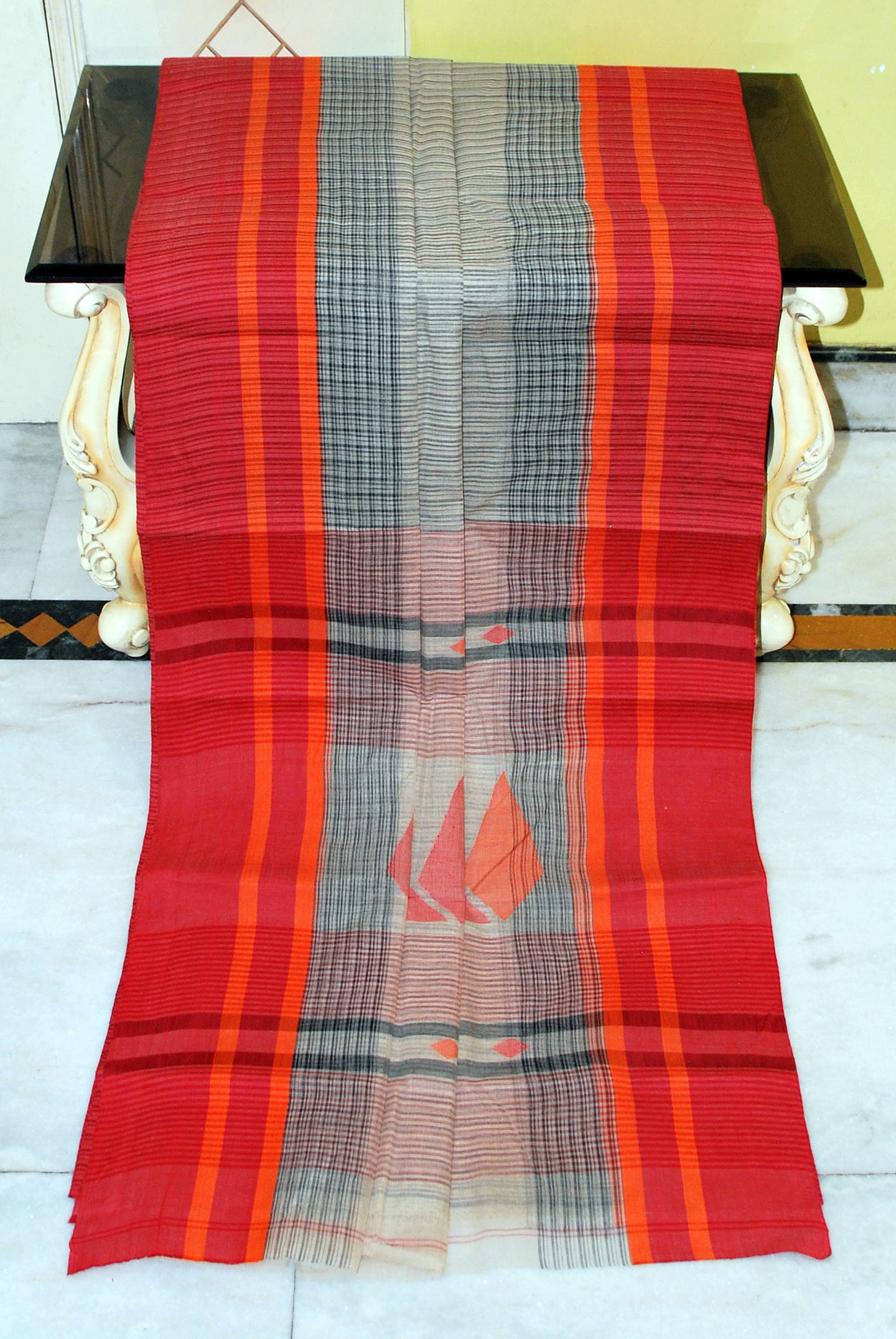 Self Woven Checks and Stripes Matta Bomkai Premium Quality Bengal Handloom Cotton Saree in Beige, Black, Red and Orange