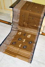 Bengal Handloom Thread Work Bomkai Cotton Saree in Sepia Brown, Mustard, Beige and Black 