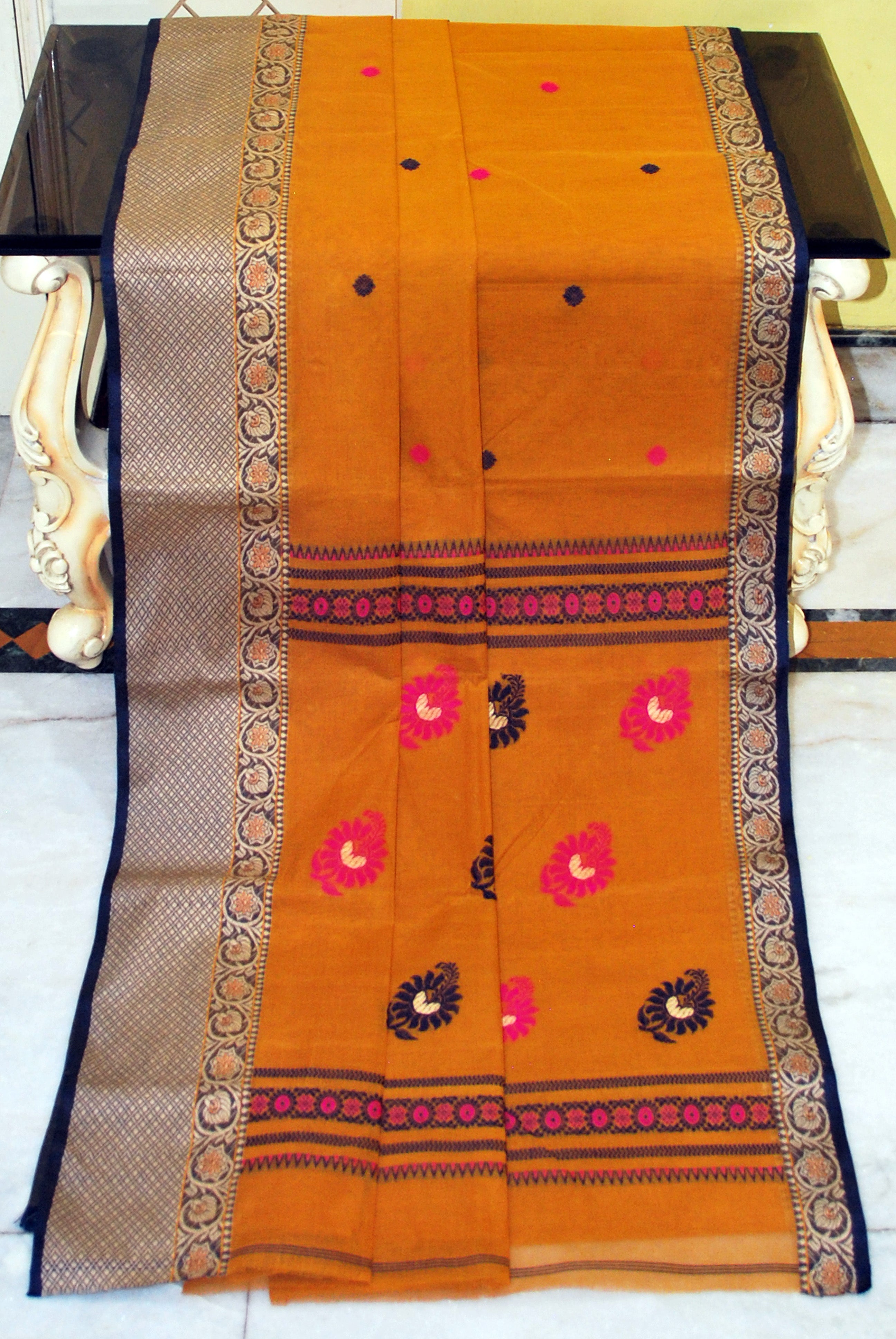 Bengal Handloom Thread Work Bomkai Cotton Saree in Ochre, Black, Beige and Hot Pink