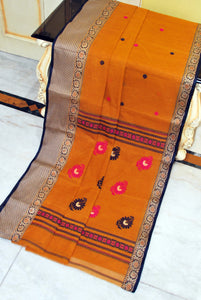 Bengal Handloom Thread Work Bomkai Cotton Saree in Ochre, Black, Beige and Hot Pink