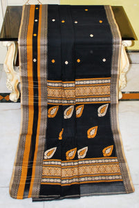 Premium Quality Bengal Handloom Minakari Bomkai Cotton Saree in Black, Light Beige and Mustard Golden