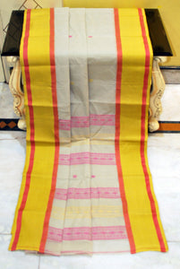Woven Matta Nakshi Border Premium Quality Bengal Handloom Cotton Saree in Atrium White, Red and Lime Yellow Green