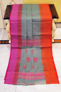 Woven Matta Nakshi Ganga Jamuna Border Premium Quality Bengal Handloom Cotton Saree in Dark Grey, Hot Pink and Bright Orange