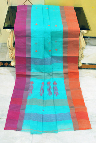 Woven Matta Nakshi Ganga Jamuna Border Premium Quality Bengal Handloom Cotton Saree in Celeste Blue, Magenta and Orange