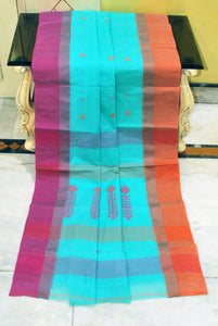 Woven Matta Nakshi Ganga Jamuna Border Premium Quality Bengal Handloom Cotton Saree in Celeste Blue, Magenta and Orange