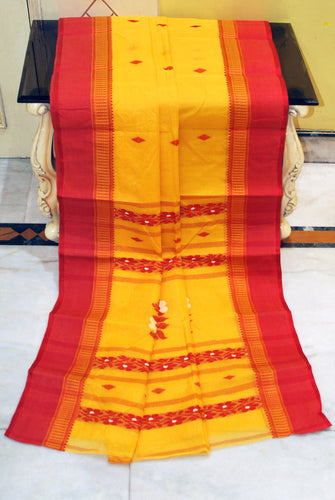 Woven Matta Nakshi Border Premium Quality Bengal Handloom Cotton Saree in Yellow, White and Red