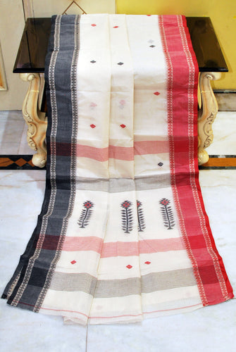 Woven Matta Nakshi Border Premium Quality Bengal Handloom Cotton Saree in Off White, Red and Black