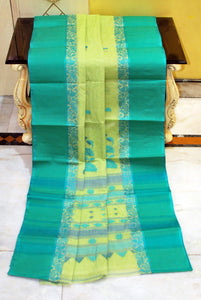 Woven Matta Nakshi Border Premium Quality Bengal Handloom Cotton Saree in Pea soup Green, Teal Green and Dark Blue