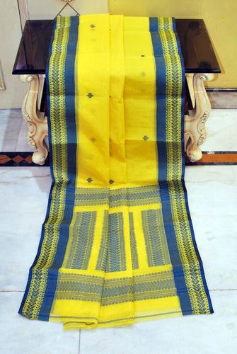 Sil Nakshi Border Bengal Handloom Cotton Bomkai Saree in Bright Yellow and Navy Blue