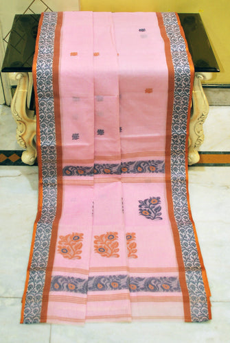 Sil Nakshi Border Bengal Handloom Cotton Bomkai Saree in Peach, Brown and Black