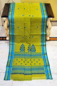 Medium Size Thread Nakshi Border Premium Quality Bengal Handloom Cotton Saree in Pea soup Green, Blue and Black