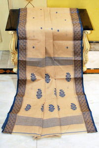 Medium Size Thread Nakshi Border Premium Quality Bengal Handloom Cotton Saree in Beige and Denim Blue