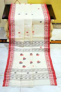 Medium Size Thread Nakshi Border Premium Quality Bengal Handloom Cotton Saree in Off White, Red and Black