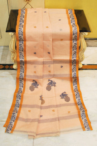 Medium Size Thread Nakshi Border Premium Quality Bengal Handloom Cotton Saree in Warm Beige, Mustard and Black