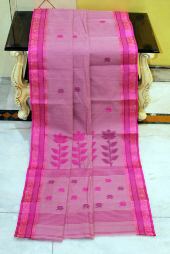Medium Size Thread Nakshi Border Premium Quality Bengal Handloom Cotton Saree in Pastel Magenta, Thulian Pink and Purple