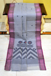 Medium Size Thread Nakshi Border Premium Quality Bengal Handloom Cotton Saree in Smoke Grey, Purple and Black