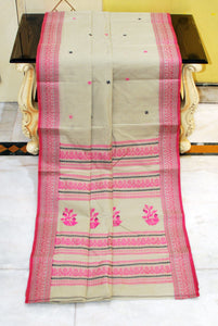 Medium Size Thread Nakshi Border Premium Quality Bengal Handloom Cotton Saree in Ecru, Hot Pink and Black