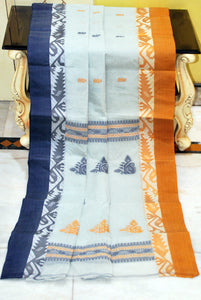 Woven Matta Karat Jamdani Border Premium Quality Bengal Handloom Cotton Saree in Ash, Midnight Blue and Mustard Brown