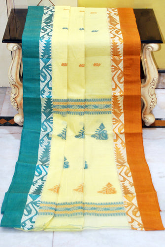 Woven Matta Karat Jamdani Border Premium Quality Bengal Handloom Cotton Saree in Light Yellow, Sea Green and Mustard Brown