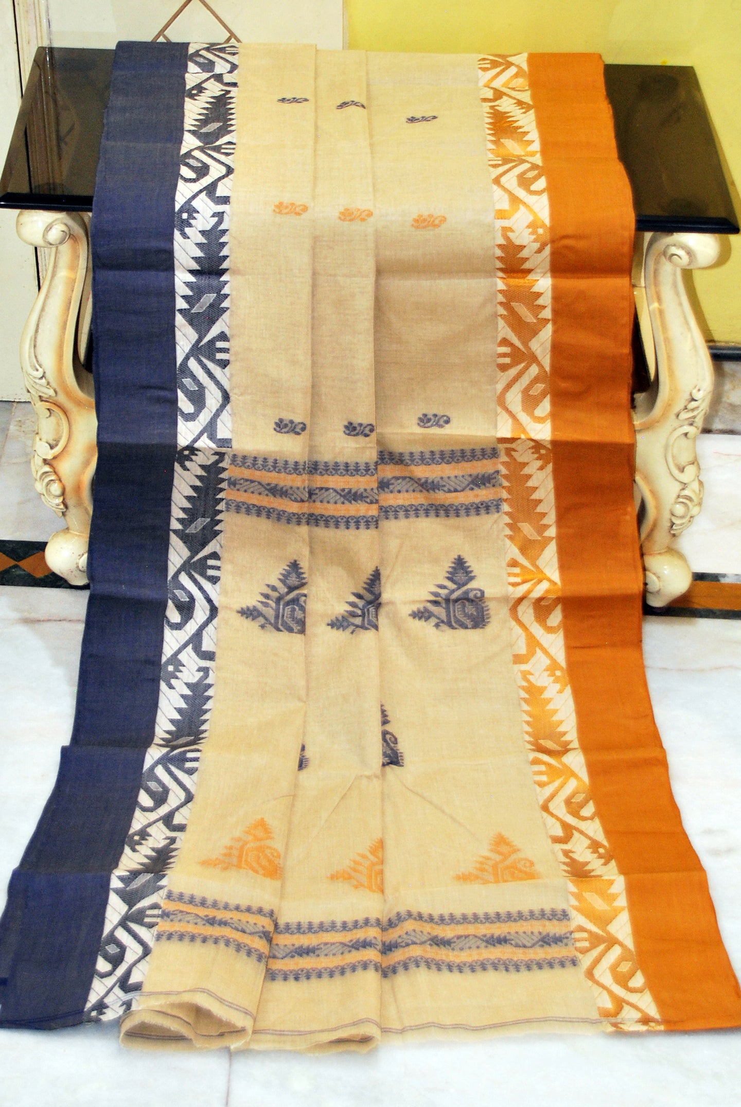 Woven Matta Karat Jamdani Border Premium Quality Bengal Handloom Cotton Saree in Tortilla, Slate Grey and Mustard Brown