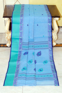 Bengal Handloom Thread Work Bomkai Cotton Saree in Light Blue, Seafoam Green and Deep Blue