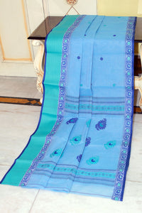 Bengal Handloom Thread Work Bomkai Cotton Saree in Light Blue, Seafoam Green and Deep Blue