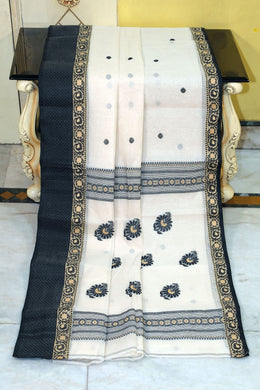 Bengal Handloom Thread Work Bomkai Cotton Saree in Off White, Beige and Black