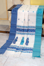 Woven jamdani Nakshi Work Border Premium Quality Bengal Handloom Cotton Saree in Off White, Sea Green and Navy Blue