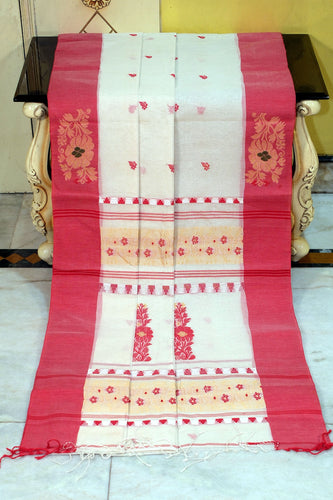 Woven jamdani Nakshi Work Border Premium Quality Bengal Handloom Cotton Saree in Off White, Red, Beige, White and Black Thread Worl