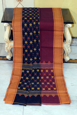 Sil Nakshi Border Bengal Handloom Cotton Bomkai Saree in Maroon, Black and Amber