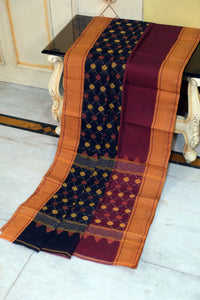 Sil Nakshi Border Bengal Handloom Cotton Bomkai Saree in Maroon, Black and Amber