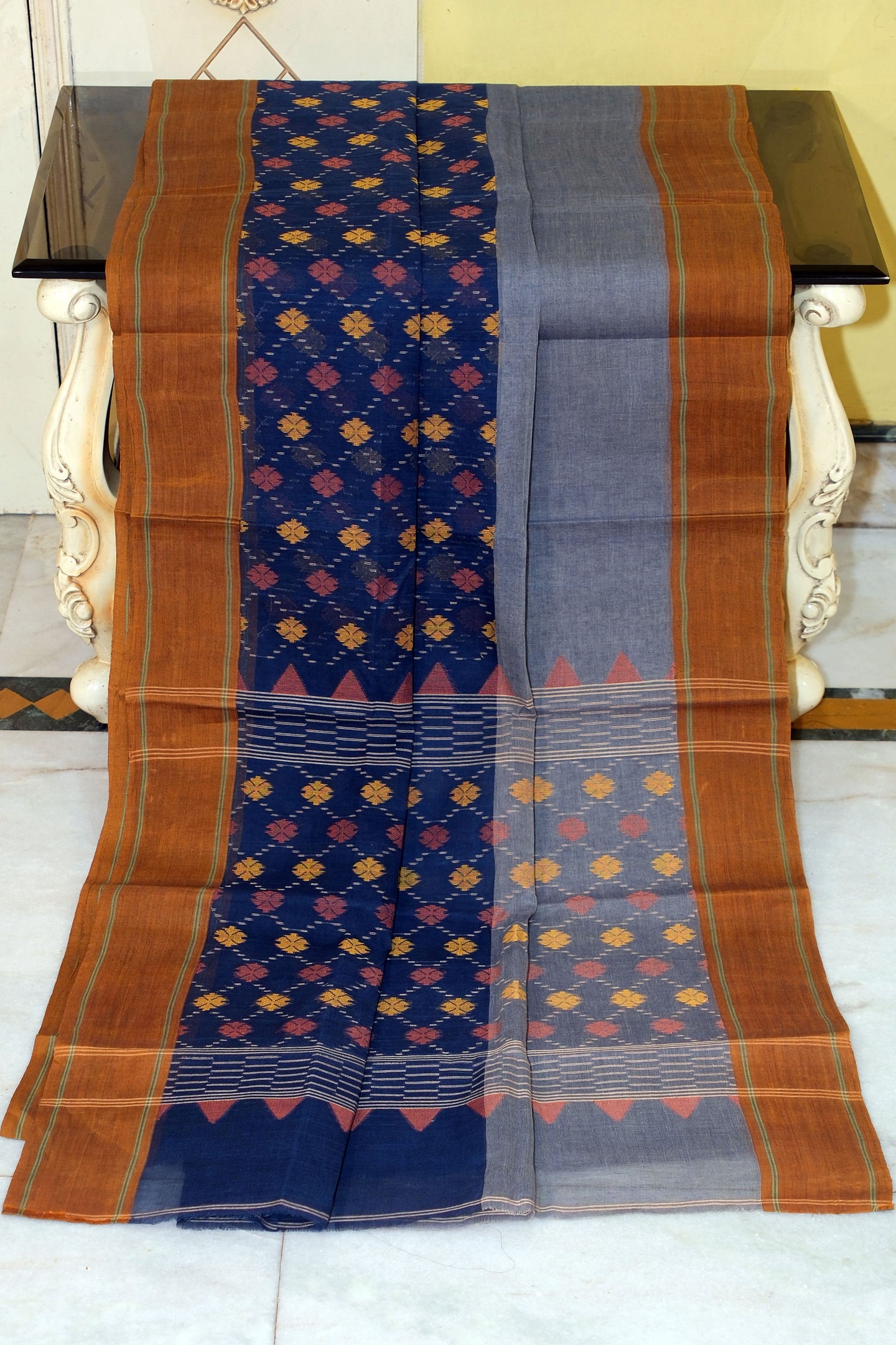 Woven Matta Thread Tanchui Half Jamdani Work Bengal Handloom Cotton Saree in Navy Blue, Grey, Burnt Orange and Multicolored