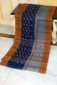 Woven Matta Thread Tanchui Half Jamdani Work Bengal Handloom Cotton Saree in Navy Blue, Grey, Burnt Orange and Multicolored