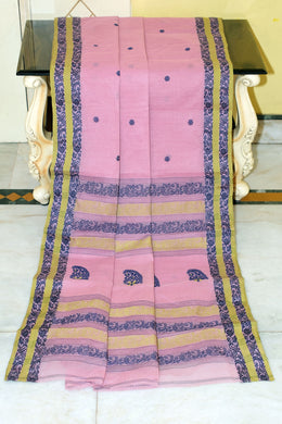 Sil Nakshi Border Bengal Handloom Cotton Bomkai Saree in Purple, Midnight Blue and Olive Green