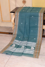 Sil Nakshi Border Bengal Handloom Cotton Bomkai Saree in Teal, Beige and Off White