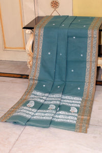 Sil Nakshi Border Bengal Handloom Cotton Bomkai Saree in Teal, Beige and Off White