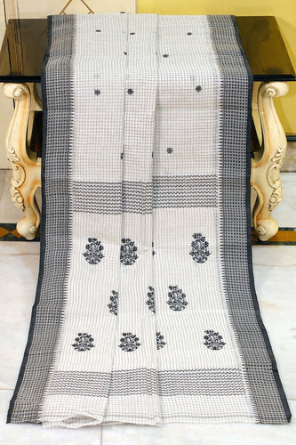 Medium Size Thread Nakshi Border Premium Quality Bengal Handloom Self Microcheck Cotton Saree in Off White and Black