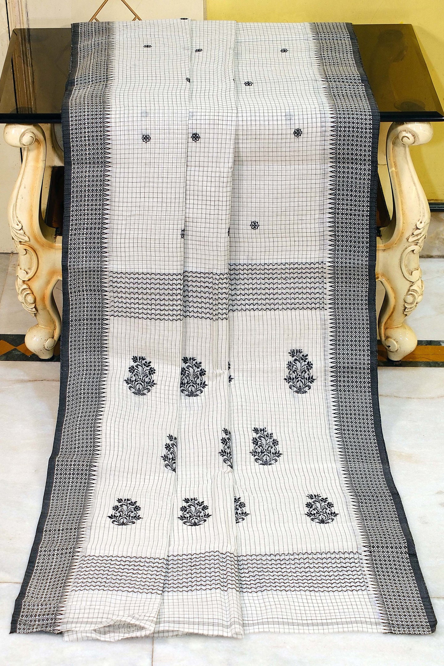 Medium Size Thread Nakshi Border Premium Quality Bengal Handloom Self Microcheck Cotton Saree in Off White and Black