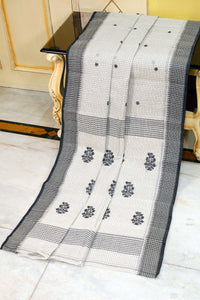 Medium Size Thread Nakshi Border Premium Quality Bengal Handloom Self Microcheck Cotton Saree in Off White and Black