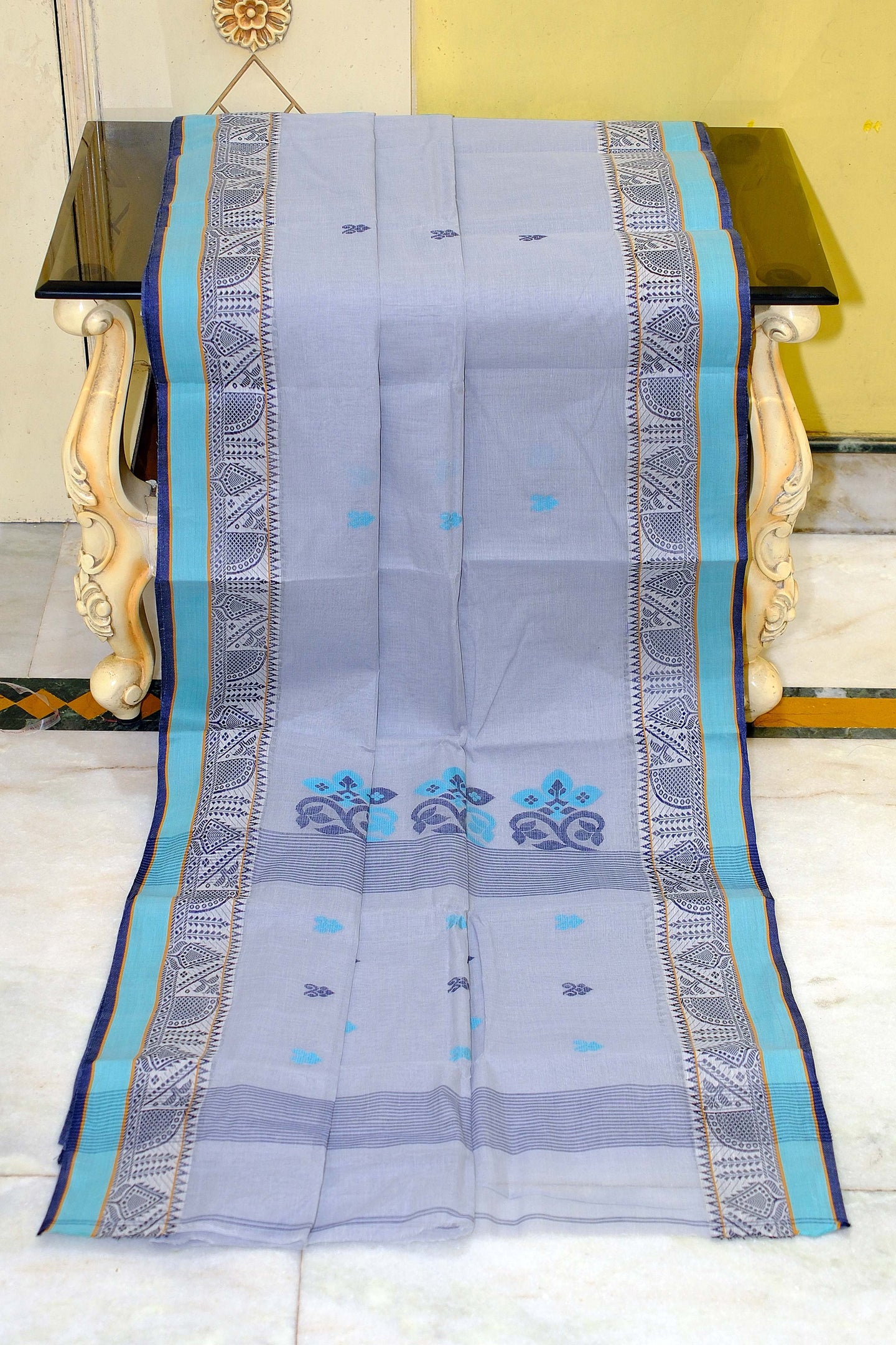 Medium Size Thread Nakshi Border Premium Quality Bengal Handloom Cotton Saree in Ash, Medium Turquoise, Midnight Blue, Mustard and Off White