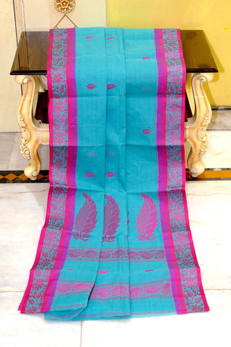 Sil Nakshi Border Bengal Handloom Cotton Bomkai Saree in Bondi Blue, Deep Lialac and Deep Cerise Thread Work