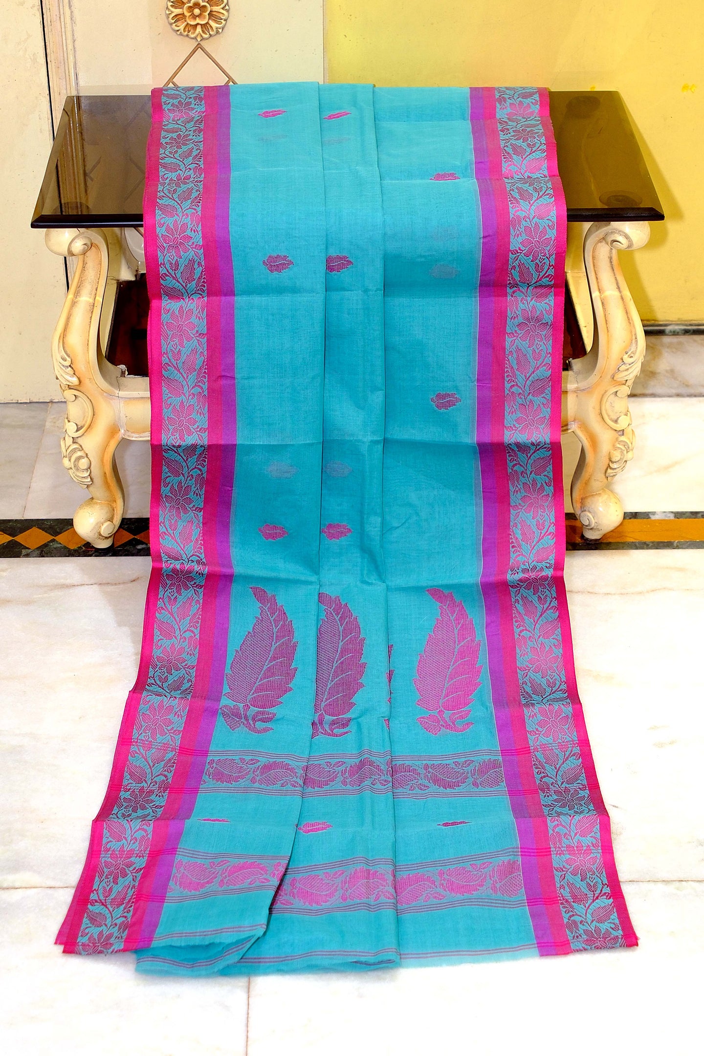 Sil Nakshi Border Bengal Handloom Cotton Bomkai Saree in Bondi Blue, Deep Lialac and Deep Cerise Thread Work