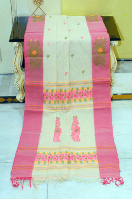 Woven Jamdani Nakshi Work Border Premium Quality Bengal Handloom Cotton Saree in Light Biege, Strawberry Pink and Multicolored