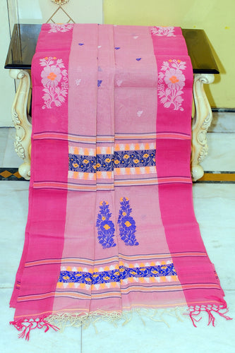 Woven Jamdani Nakshi Work Border Premium Quality Bengal Handloom Cotton Saree in Thulian Pink , Raspberry Pink and Multicolored