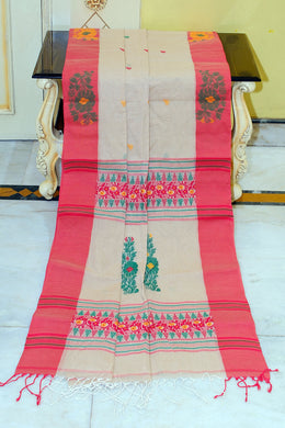 Woven Jamdani Nakshi Work Border Premium Quality Bengal Handloom Cotton Saree in Foggy Grey, Red and Multicolored