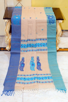 Woven Jamdani Nakshi Work Border Premium Quality Bengal Handloom Cotton Saree in Beige, Denim Blue and Sea Green