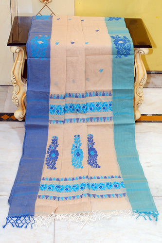 Woven Jamdani Nakshi Work Border Premium Quality Bengal Handloom Cotton Saree in Beige, Denim Blue and Sea Green
