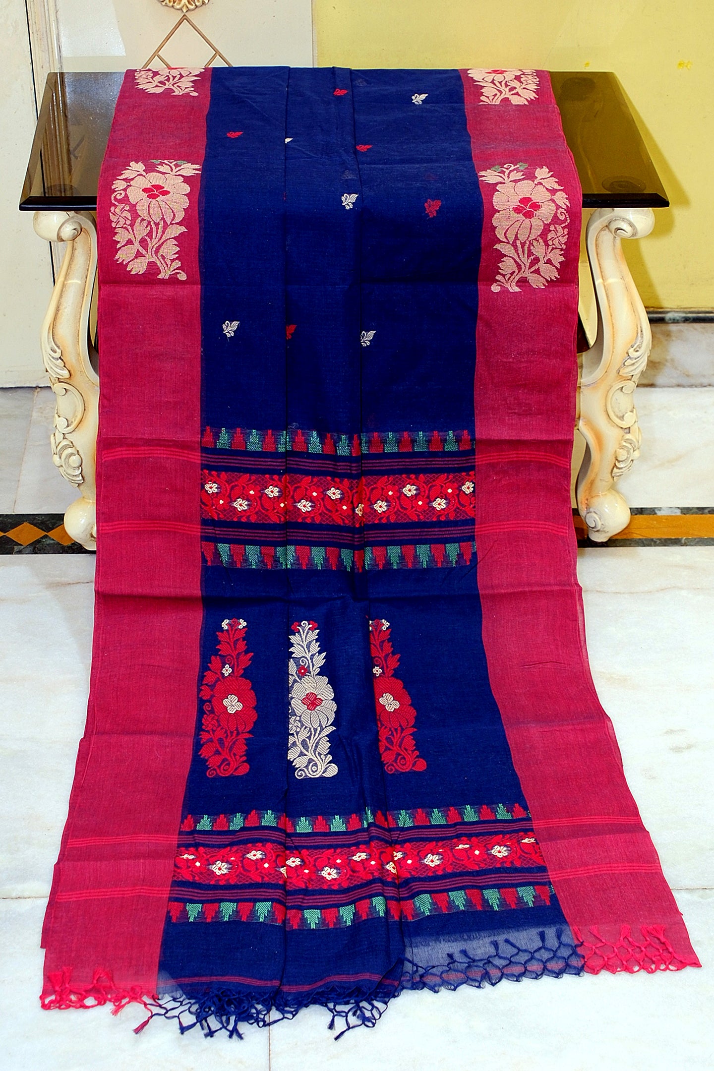 Woven Jamdani Nakshi Work Border Premium Quality Bengal Handloom Cotton Saree in Navy Blue, Red and Multicolored